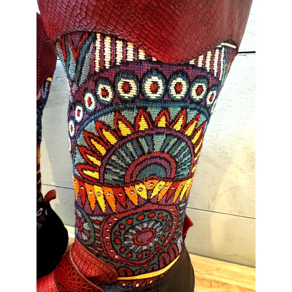Socofy Calf High Women's Boots Boho Embroidered Tapestry Upper Red Leather SZ 39 - Picture 6 of 11
